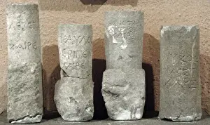 Prints of Illyrians, group of Indo-European tribes who inhabited part of the western Balkans in antiquity. Illyrian writing engraved on stone. 2nd century BC. From Durres. Archaeological Museum. Tirana. Albania Tirana Prints: Illyrian Inscription Stone Print, 2nd century BC, Durres