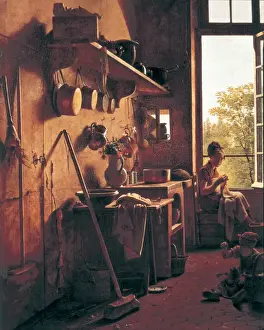 Prints of Interior of a kitchen, painted 1815, by Martin Drolling (1752-1817). Left detail. The image represents a woman sewing and a boy. 1815 Martin Drolling Prints: Martin Drolling's Interior of a Kitchen Print, 1815