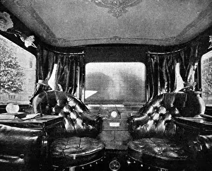 Prints of Photograph showing the plush interior of the Marquis of Angleseys new Pullman Mors car, which included polished mohogany, revolving leather arm chairs and heating Anglesey Prints: Interior of a New Pullman Mors Car Print