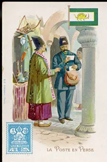 Prints of An Iranian postman in western uniform delivers mail to a shopkeeper in traditional costume. Date: circa 1900 Related Prints: Iranian Postman Print circa 1900