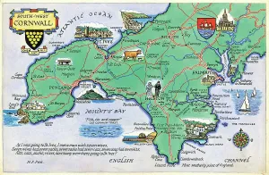 Prints of Map by M. F. Peck - South-west Cornwall Map Prints: South-west Cornwall Map Print by M. F. Peck