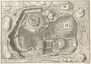 Prints of Plan of the city in biblical times : the City of David upper left, Solomons Temple lower centre, the site of Jesuss crucifixion upper centre Map Prints: Jerusalem Print: Ancient City Plan