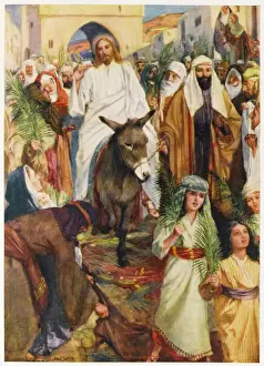 Prints of Jesus, riding a donkey, enters Jerusalem Related Prints: Print of Jesus riding a donkey into Jerusalem