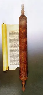 Prints of A carved Esther scroll case depicting the story of Purim. This is a Jewish manuscript from Eastern Europe Ancient Artifacts And Relic Prints: Purim Story Print - Esther Scroll Case from Eastern Europe