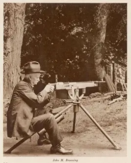 John Moses Browning Print: Portrait of American Inventor with Machine Gun
