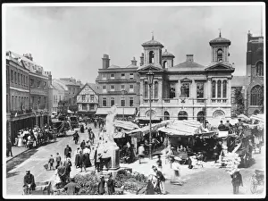Prints of The Market Place, Kingston- upon-Thames, Surrey, England, on a busy market day Surrey Prints: Kingston-Upon-Thames Market Place Print