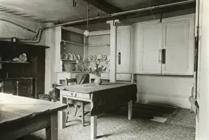 Prints of Kitchen at Twysdens - Lantern slide from the Boswell Collection. Black and white, depicting kitchen with table, dresser, cupboards.. Part of Box 399 of the Boswell Collection. Date: circa 1900 Bexley Prints: Early 20th Century Kitchen Print, circa 1900