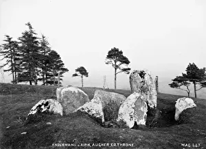 Prints of Knockmany Cairn, Augher, Co Tyrone - a view of inscribed stones. (Location: Northern Ireland: County Tyrone: Augher). Date: circa early 1900s Tyrone Prints: Knockmany Cairn Print: Inscribed Stones, Augher, Co Tyrone