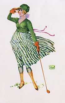 Lady golfer looking down the fairway for her drive Lady golfer looking down the fairway for her drive