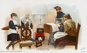 Traditional Scottish Costume Prints: Lady from Lerwick using a Singer Sewing Machine