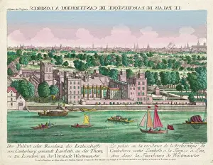 Prints of View across the Thames of the residence of the archbishop of Canterbury : the shipping on the river includes a ferry carrying a carriage and its horses Palace Prints: Lambeth Palace C18 View Print