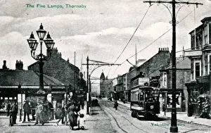 Prints of The Five Lamps, Thornaby, Stockton-on-Tees, near Middlesbrough, Yorkshire, England. Showing Tram Date: 1910s Poster Prints: The Five Lamps, Thornaby, Yorkshire Print, 1910s