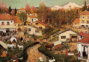 Historical Village Scene Prints: Landscape with figures
