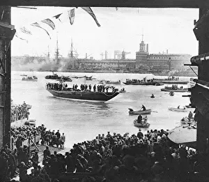 Prints of The Shamrock V yacht, commissioned by Sir Thomas Lipton to contest the Americas Cup, is launched at Gosport, Hampshire following the naming ceremony by Lady Shaftesbury Date: 14 April 1930 Gosport Prints: Launch of Shamrock V Print, Gosport, 14 April 1930