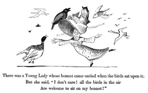 Edward Lear Prints: Print of a Young Lady with Birds on Her Bonnet
