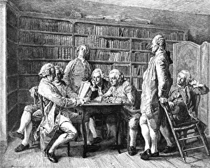 Prints of DENIS DIDEROT reads a paper to a circle of friends Date: 1713 - 1784 Denis Diderot Prints: Denis Diderot Reads to Friends - 18th Century Print