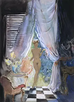 David Wright Pin Up Prints: Full length nude in window by David Wright