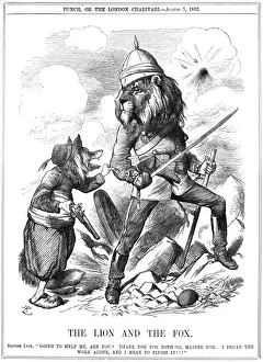 Prints of British Lion Going to help me, are you? Thank you for nothing, Master Fox. I began the work alone, and I mean to finish it!!! Moral: If you want a thing done well, you must do it yourself. Date: 1882 Aesop Prints: The Lion and the Fox, 1882 Print: Self-Help Motif