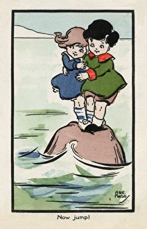 Two little children wait to jump off a small rock Two little children wait to jump off a small rock