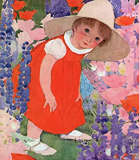 Little girl playing in a garden by Muriel Dawson Little girl playing in a garden by Muriel Dawson