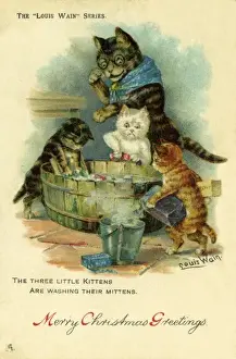 19th Century Print: Three Little Kittens Washing Mittens