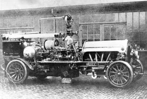 Prints of Finchleys engine - a Zwicky built in Tottenhams council works around 1907 by Jean Zwicky who also designed it Fire Brigade Prints: Zwicky Fire Engine Print, London 1907