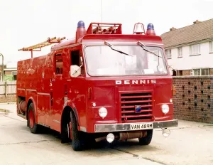 Prints of Introduced into London in the mid-1970s, this narrow wheel base pump was not a dual purpose fire engine. It could only carry an extension ladder and not the 50 foot wheeled escape Fire Brigade Prints: London Fire Brigade Dennis Diesel Compact Pump Print
