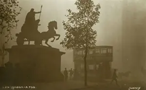 Prints of London in fog - a real Pea Souper. The statue of Queen Boudicca of the Iceni on the banks of the River Thames at Westminster at is rended into dramatic silhouette Weather Prints: London in Fog - A Print of a Pea Souper, circa 1907