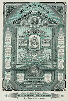Prints of The Lords Prayer and the Ten Commandments. Print shows the Lords Prayer and the Ten Commandments interspersed by various religious symbols and religious and secular admonitions L Prints: The Lords Prayer and the Ten Commandments Print, c1882