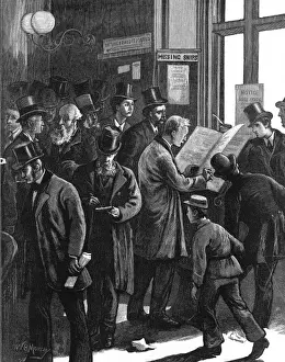 Prints of Engraving showing a group of Lloyds underwriters consulting the Loss Book in their offices, after a bad spell of storms in the winter of 1876-7 England Prints: The Loss Book at Lloyds of London, 1877 Engraving Print