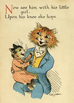 Louis Wain Cat Art Prints: Louis Wain, Daddy Cat - kitten on his knee