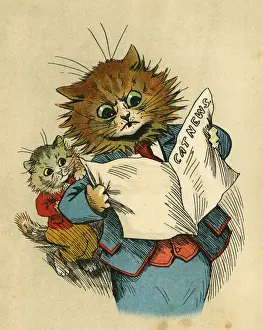 Louis Wain Cat Art Prints: Louis Wain, Daddy Cat - reading the newspaper