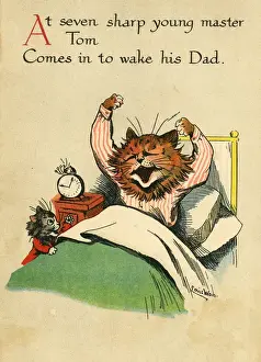 Louis Wain Cat Art Prints: Louis Wain, Daddy Cat - waking up