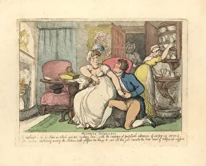 Two lovers in a parlour disturbed by prying maids Two lovers in a parlour disturbed by prying maids