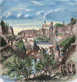 Luxembourg. 19th century. View of the city. Colored engravin Luxembourg. 19th century. View of the city. Colored engravin
