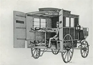 Prints of Interior of one of the first ambulances to be operated by Londons Metropolitan Asylums Board in the 1880s for transporting fever and smallpox patients to and from the Boards hospitals Hospital Prints: Horse-Drawn Ambulance Print 1880s Metropolitan Asylums Board