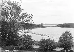 Prints of Mahee Castle - a view of the derelict castle, in the distance. (Location: Northern Ireland; County Down; Mahee Island). Date: circa early 1900s Castle Prints: Derelict Mahee Castle Print, County Down, Northern Ireland