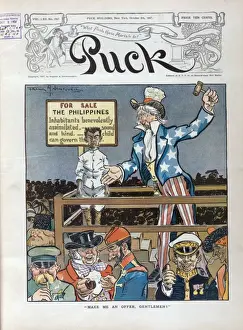 Prints of Make me an offer, gentlemen!. Illustration shows Uncle Sam standing on a platform with a Philippine man next to a sign that states For Sale The Philippines. Inhabitants benevolently assimilated Related Prints: Uncle Sam Offers the Philippines for Sale, 1907 Print