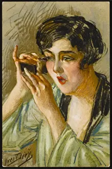 Green Dressing Gown Print of Woman Applying Mascara