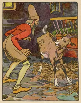Print of Man Confronting a Goat