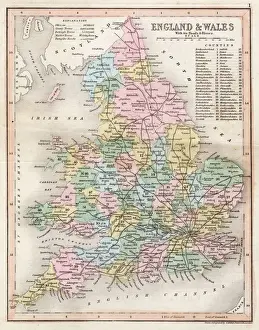 Prints of Map of England and Wales showing roads and rivers Date: circa 1857 Map Prints: 1857 Map of England and Wales Print