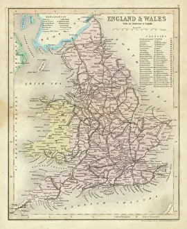 Prints of Map of England and Wales showing railways and canals Railway Prints: 1857 Map Print of England and Wales with Railways and Canals