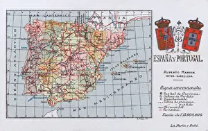 Prints of Map of the Kingdoms of Spain and Portugal (prior to the Portuguese Revolution in 1910). Date: circa 1908 Portugal Prints: Map of the Kingdoms of Spain and Portugal Print (circa 1908)