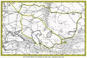 Prints of Map of Soviet Central Asia - showing marked tour routes. Date: 1933 Map Prints: Map of Soviet Central Asia Print, 1933