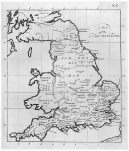 Prints of Map of England and Wales showing kingdoms of Saxon heptarchy Map Prints: Saxon Heptarchy Map Print of England and Wales