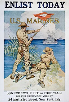 Two marines on coast signal battleship with flag Date: 1918 Two marines on coast signal battleship with flag Date: 1918