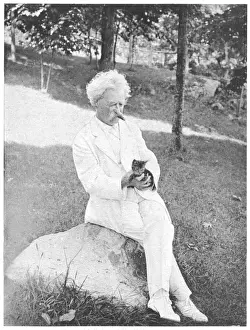 Author Prints: Mark Twain Holding Cat Print