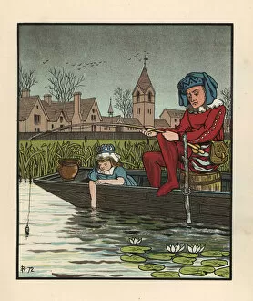 Anachronism Collection: Medieval man fishing from a boat in a waterlily pond