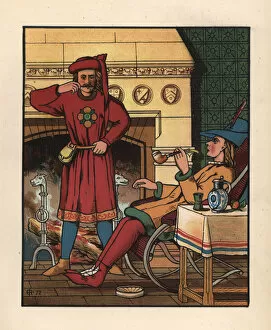 Anachronism Collection: Medieval men smoking and drinking in front