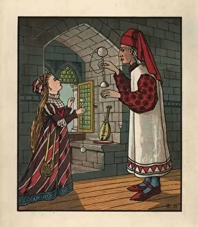Anachronism Collection: Medieval tutor teaching young woman how to play cup and ball